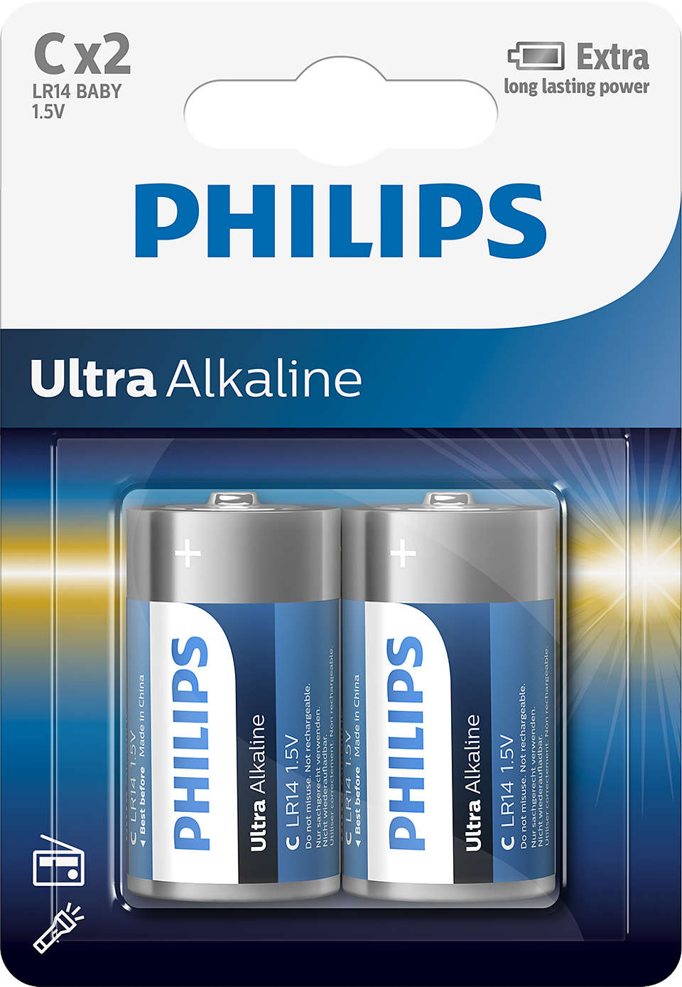 To pakker af Philips LR14E2B/10 Ultra Alkaline C batterier med 1.5V karakteristik, vist i en gennemsigtig emballage med blå og grå farver, som angiver langvarig kraft og ekstra ydeevne.