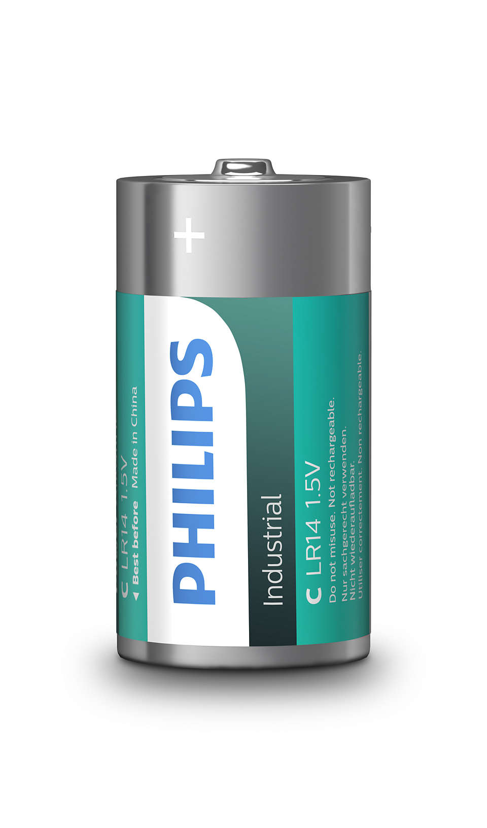 Billede af en Philips LR14I10C/10 industriel C-batteri med en kapacitet på 1,5 V, viser batteriets diagonale design og branding i blå og grøn farve, klart angivet med Philips navn og specifikationer