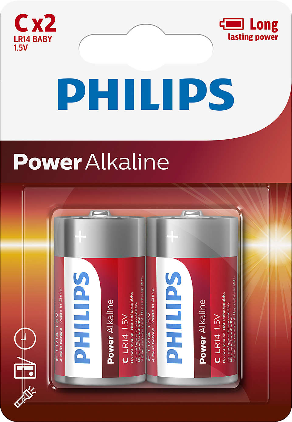 To sæt Power Alkaline C batterier fra Philips i pakken med den røde og sølvfarvede emballage der viser produktets specifikationer som LR14 1.5V og indikerer langvarig kraft