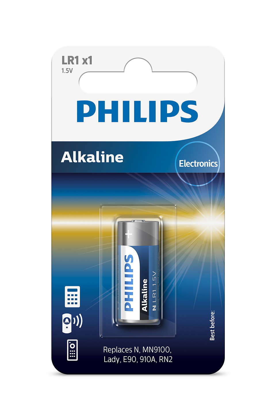 Billede af Philips LR1P1B/10 Alkaline LR1 batteri enhed i emballage med oplysninger om produktet og kompatible modeller samt elektrisk spænding på 1,5V