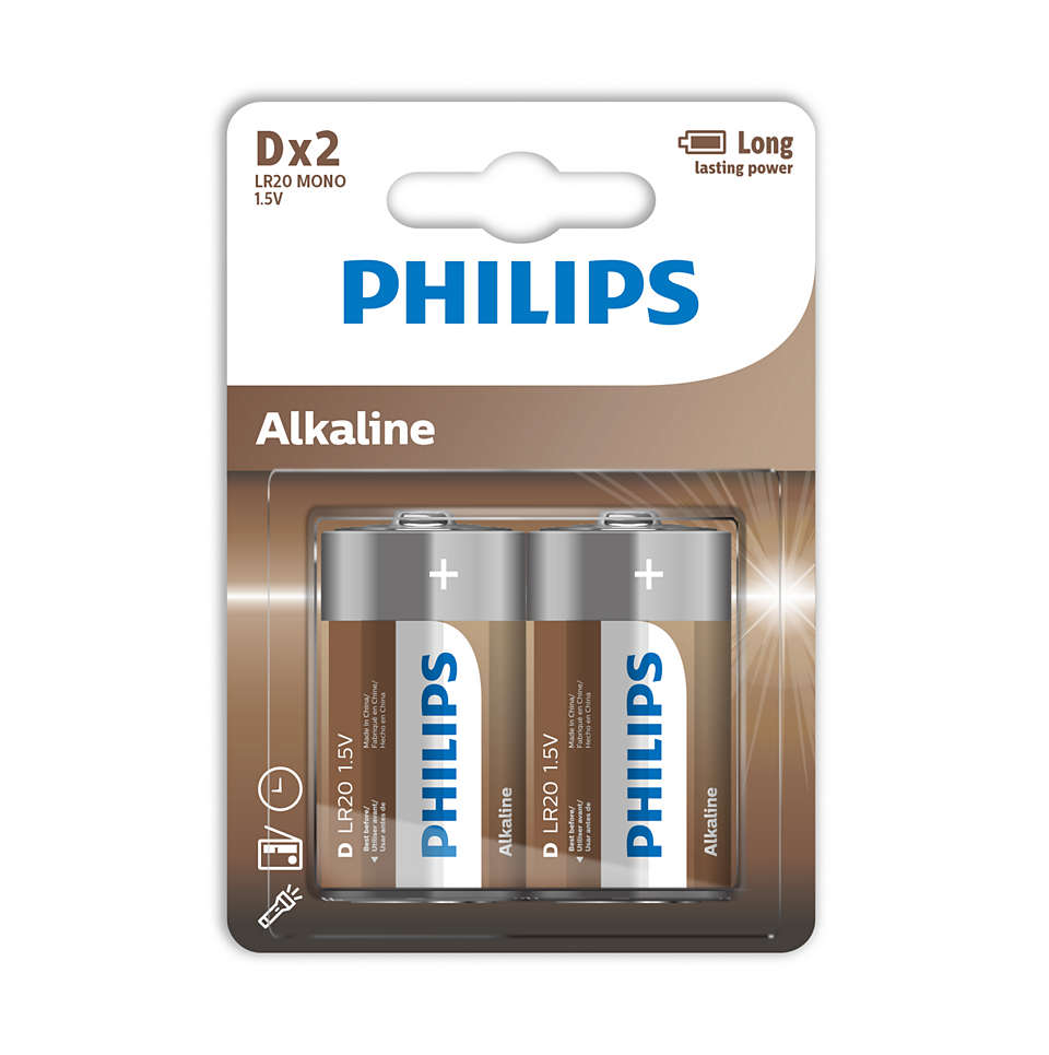 Philips LR20A2B/10 alkalisk D batteripakke med to batterier i plastindpakning der fremhæver langvarig strøm med klar mærkning af producentens navn og batteritypen