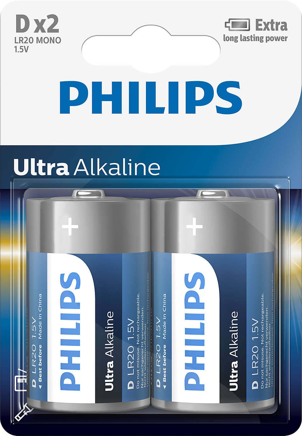 To sæt Philips LR20E2B/10 Ultra Alkaline D batterier i pakken med to enheder med blå og grå emballage samt tydelig mærkning af producenten og batteritypen