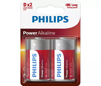 To sæt Philips LR20P2B/10 Power Alkaline D batterier i rød og sølv emballage med tydelig branding og information om langvarig strøm