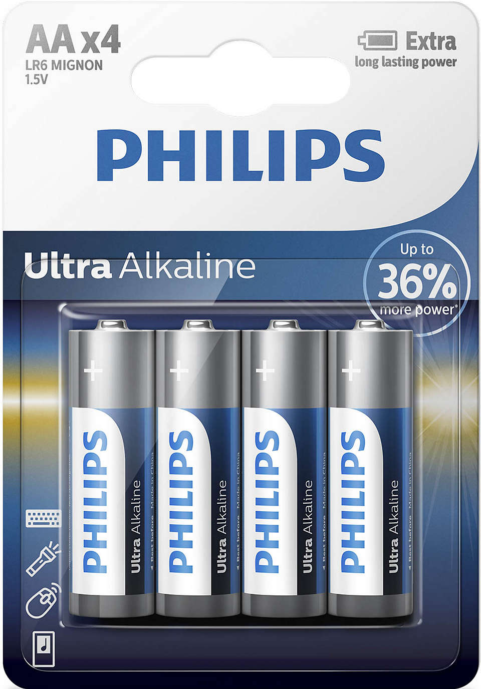 Pakkebillede af Philips LR6E4B/12 Ultra Alkaline AA Batteri med fire batterier i en transparent pakke designet til langvarig strøm og ekstra kapacitet