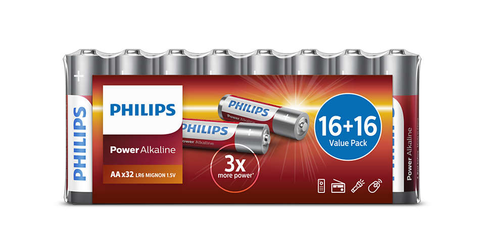 Pakke med Philips Power Alkaline AA batterier indeholdende 32 stykker designet til at levere langvarig strøm med tre gange mere effekt og mærket med 16 plus 16 værdi pakke logo