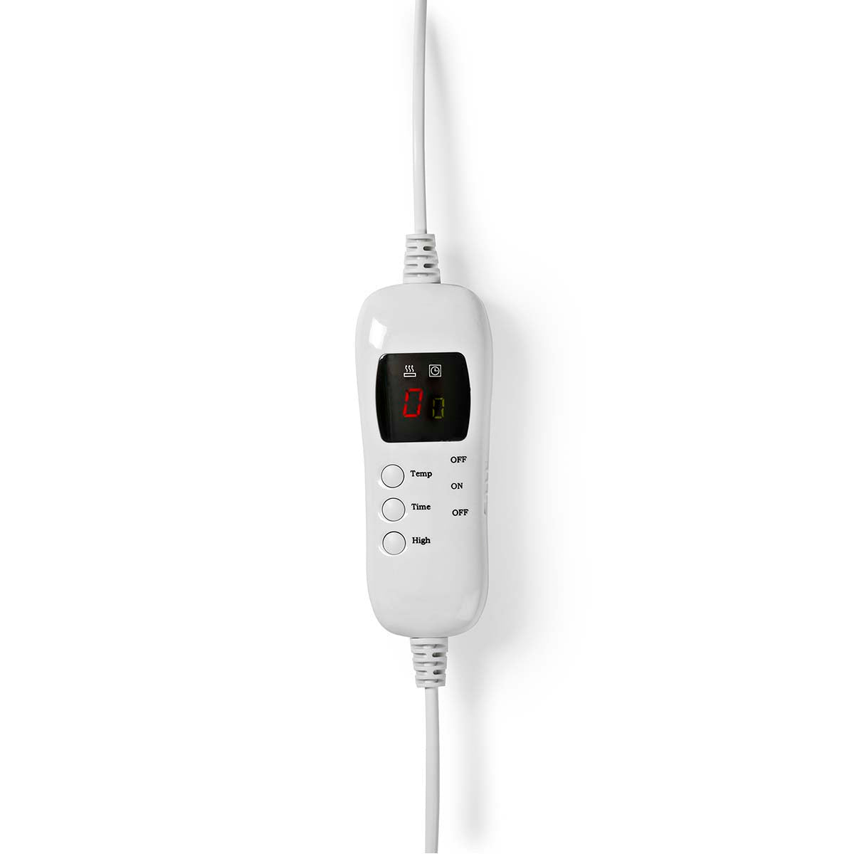 Digital kontrolenhed til Nedis PEBL140CWT elektrisk tæppe med tydelige knapper til temperaturindstilling, tidsindstilling og tænd/sluk funktioner samt en displayvisning der angiver varmeindstillingerne