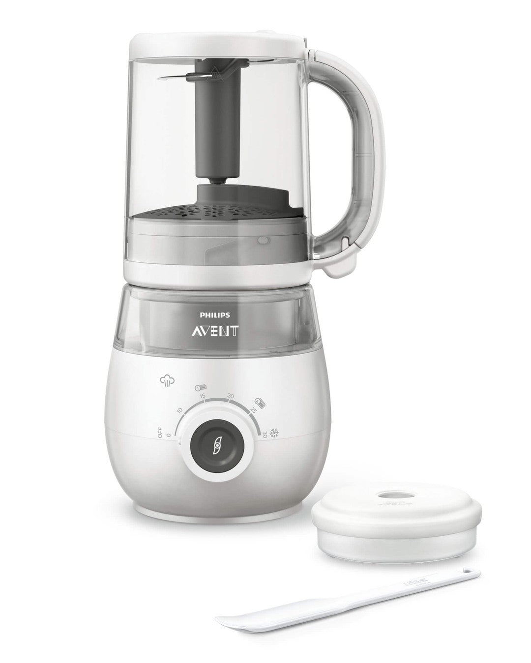 Philips SCF883/00 4-i-1 babyfoodprocessor til sund mad med en gennemsigtig beholder, en grå blad i midten, en drejeknap til indstillinger og en skål med låg samt en plastikske ved siden af.