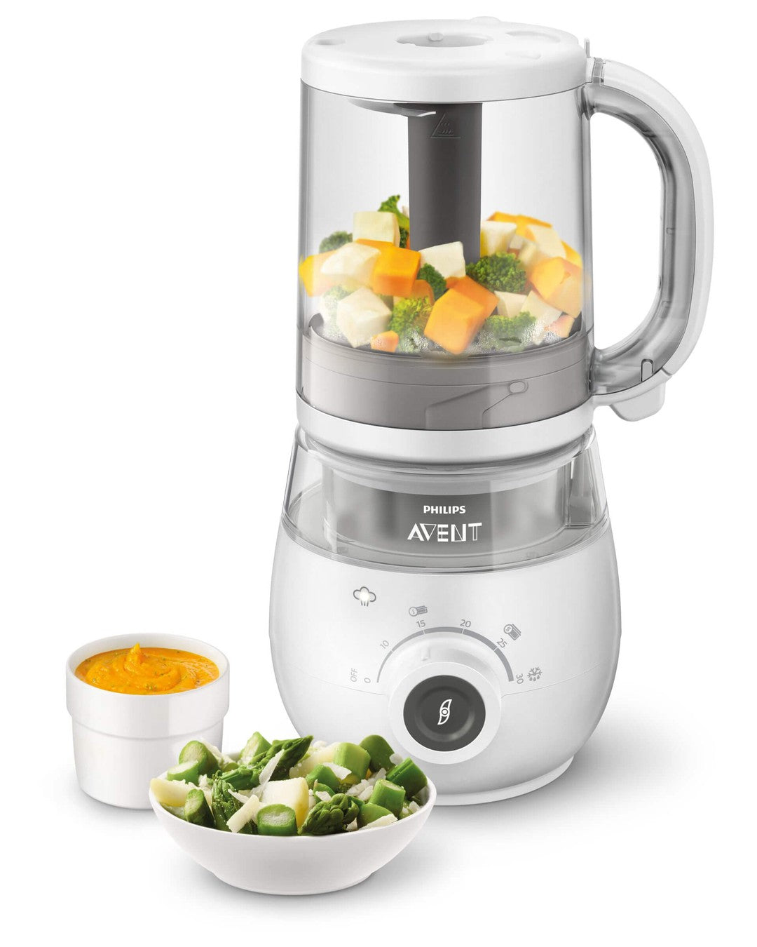 Philips SCF883/00 4-i-1 babymadprocessor med grøntsager i beholderen og tilbehør bestående af en skål puré og en skål salat