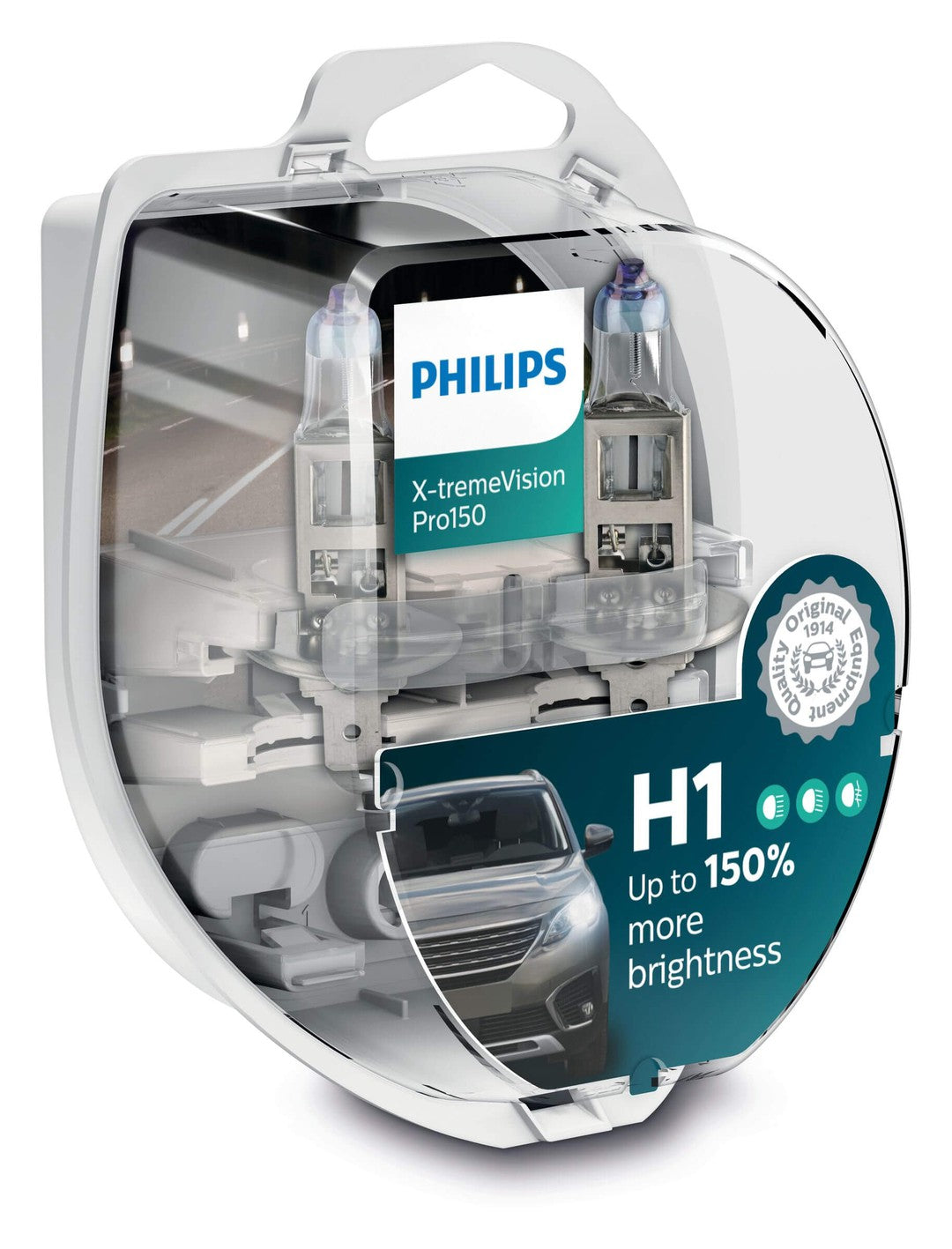 Philips 12258XVPS2 H1 forlygter X-tremeVision Pro150 i pakke der fremhæver op til 150 procent mere lysstyrke med detaljer om produktet og et billede af en bil