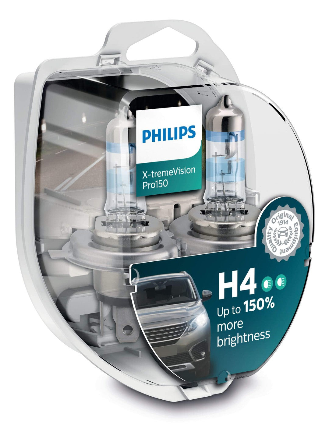 Pakke med Philips X-tremeVision Pro150 H4 pærer der tilbyder op til 150 procent mere lysstyrke til billygter, tydeligt designet til forbedret synlighed og sikkerhed på vejen