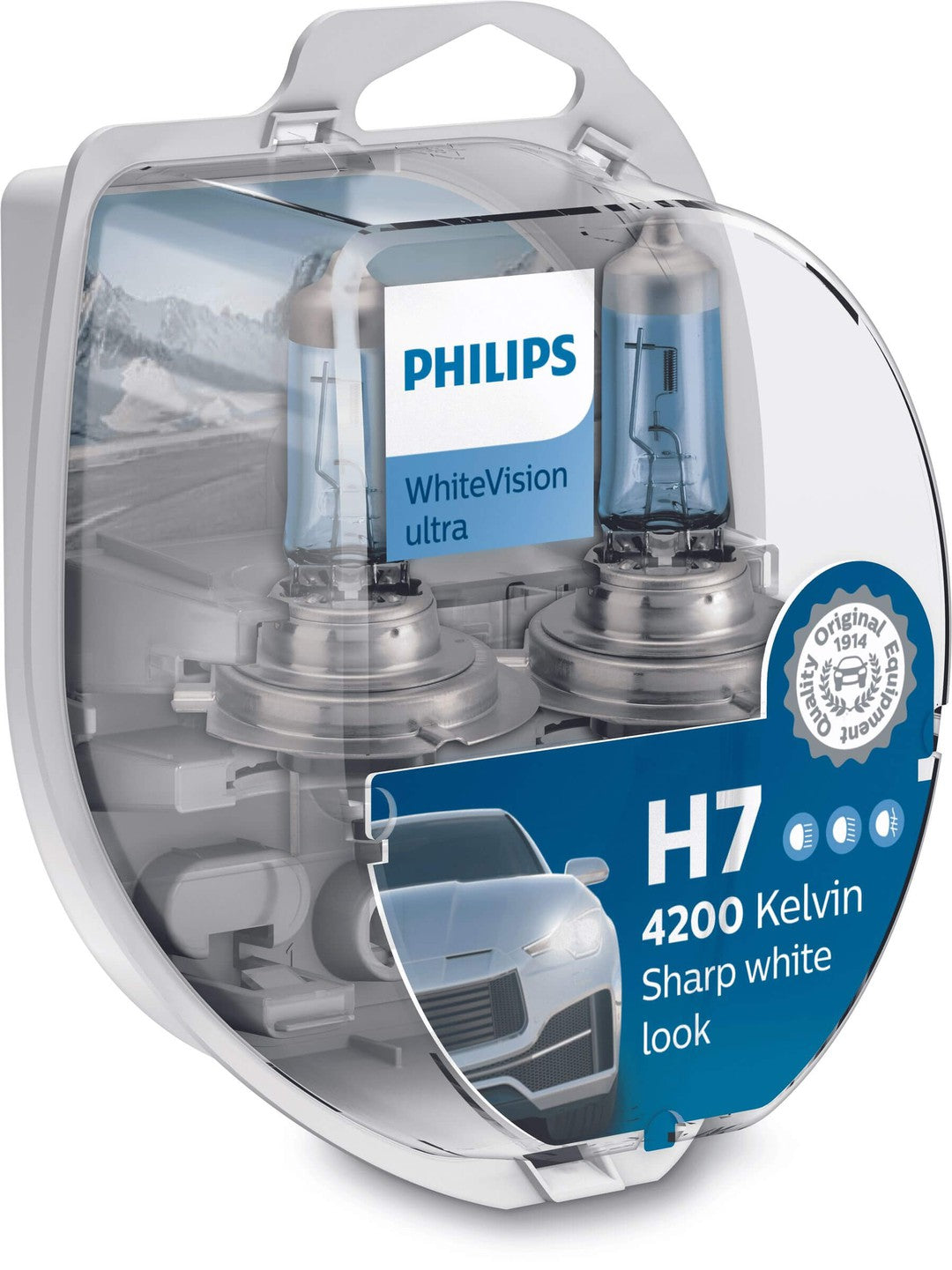 Philips H7 WhiteVision ultra bilpærer i emballage med information om 4200 Kelvin lysfarve og skarp hvidt udseende