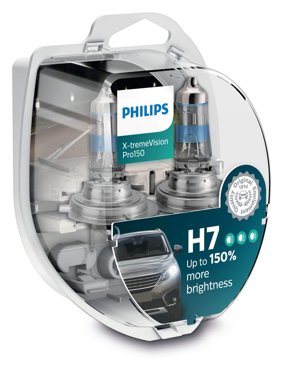 Pakke med Philips X-tremeVision Pro150 H7 billygter som tilbyder op til 150 procent mere lysstyrke med et klart billede af produktet og en illustration af en bil i baggrunden