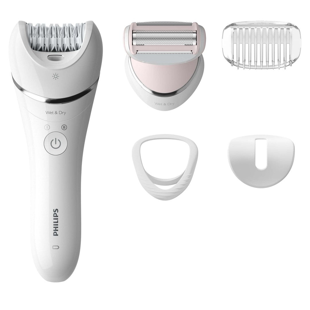 Philips BRE710/00 Wet & Dry Epilator Series 8000 med hovedenhed og forskellige tilbehør som barberhoved og eksfolieringsbeskyttelse på hvid baggrund