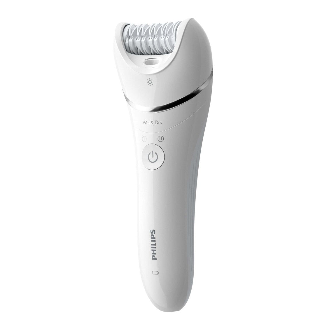 Elektrisk epilator Philips BRE710/00 Wet & Dry Series 8000 med en slank hvid design og en roterende håreplukker der tilbyder brug både i våd og tør tilstand