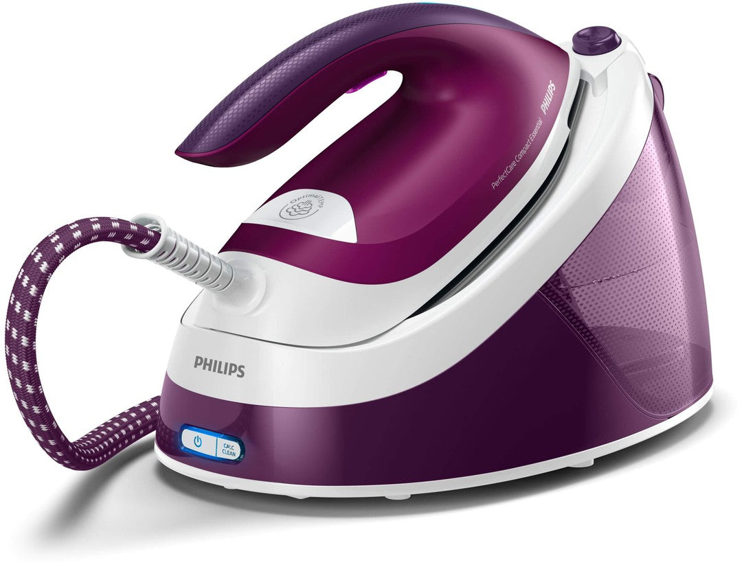 Philips GC6842/30 strygejern med dampstation i lilla og hvidt design med ergonomisk håndtag og slange til dampudslip samt knap til kalkrens.