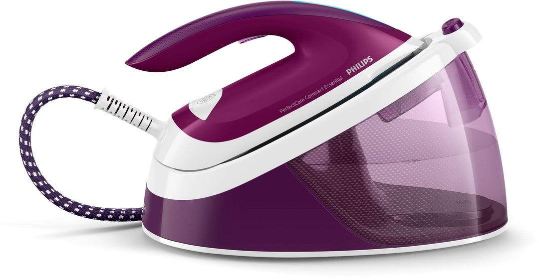 Philips GC6842/30 strygejern med dampstation i lilla og hvid farve med tilsluttet slange og gennemsigtig vandbeholder