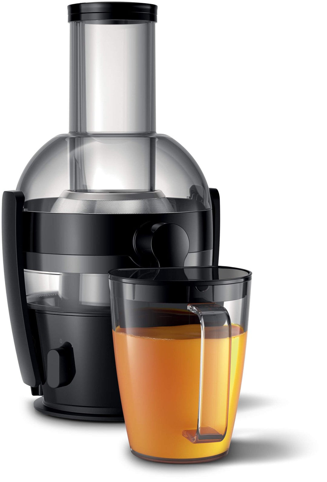 Philips HR1856/70 Viva Collection juicepresser i sort med en gennemsigtig beholder til juice ved siden af en fyldt glas med orange juice