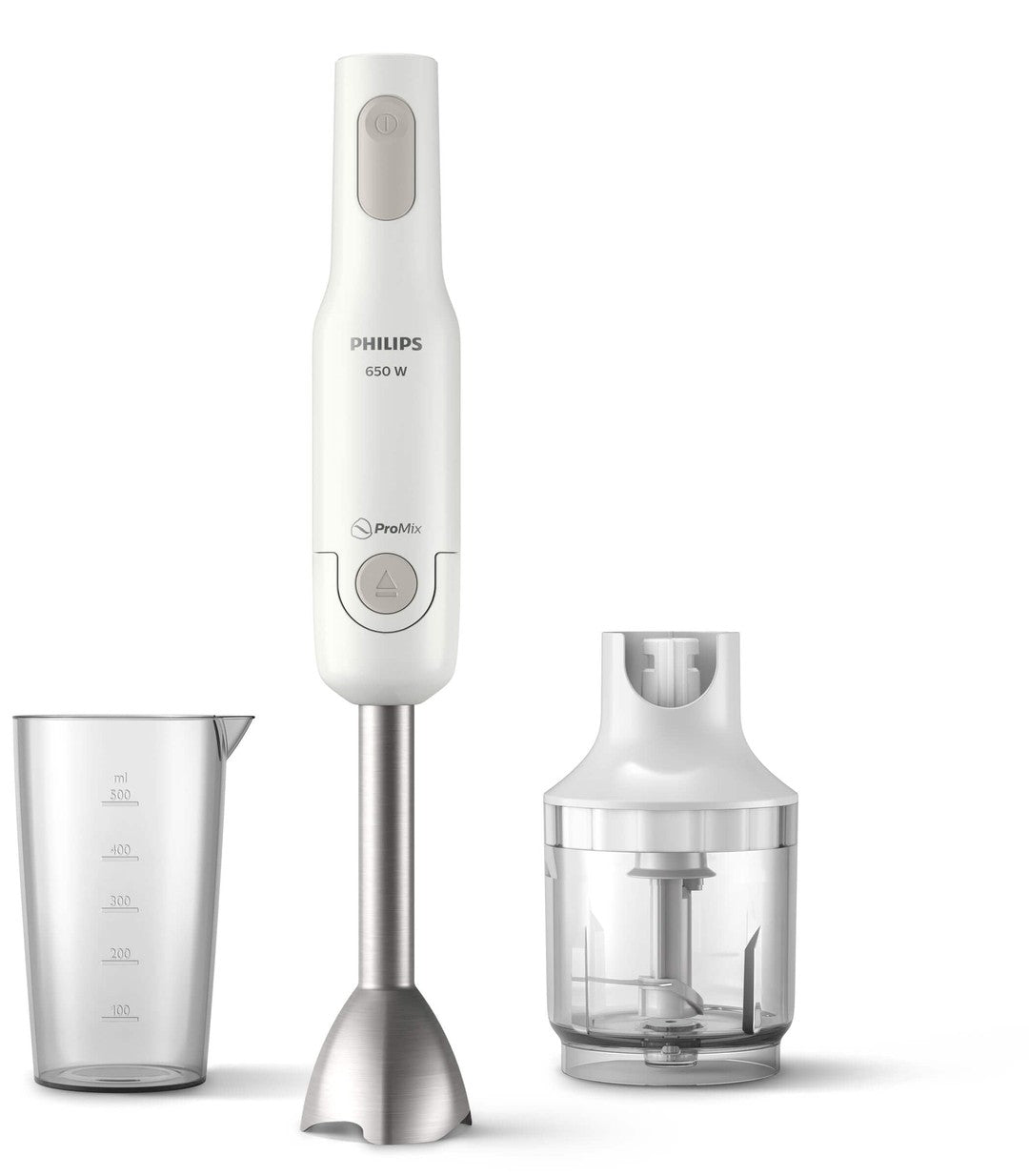 Billede af Philips HR2535/00 Daily Collection ProMix-stavblender med en genial hvid og sølv designet stavblender ved siden af en mælkebeholder og en hakker. Stavblenderen har en 650 W motor og en ergonomisk form for nem betjening.