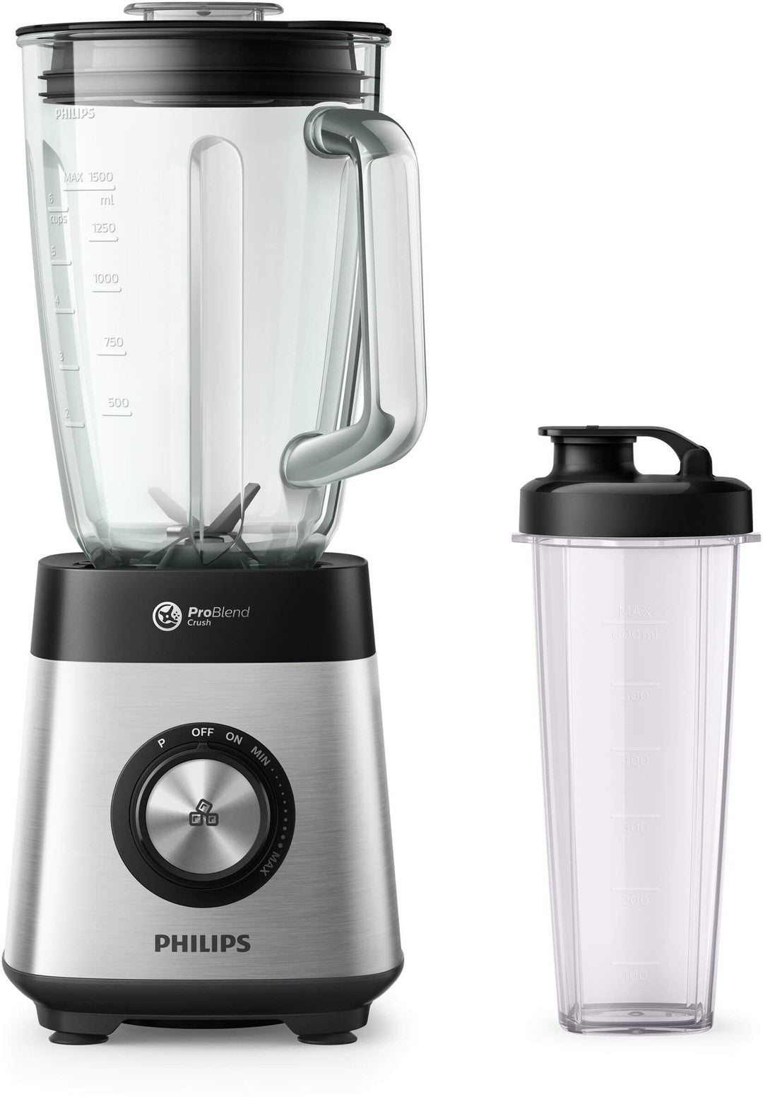 Philips HR3573/90 blender i Serie 5000 med en gennemsigtig beholder og en separat drikkebeholder udstyret med et sort låg og måleskalaer på siden for nemme portioner