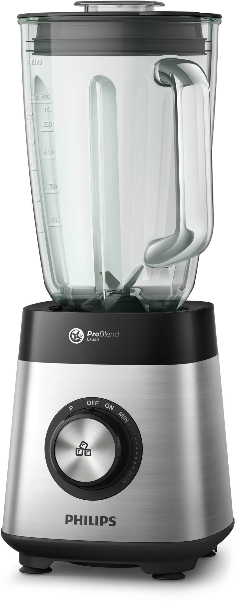 Philips HR3573/90 blender med transparent kande i plast og rustfrit stål base, udstyret med en justerbar kontrolknap til hastighed og knap til isknusning, designet til smoothies og sauces