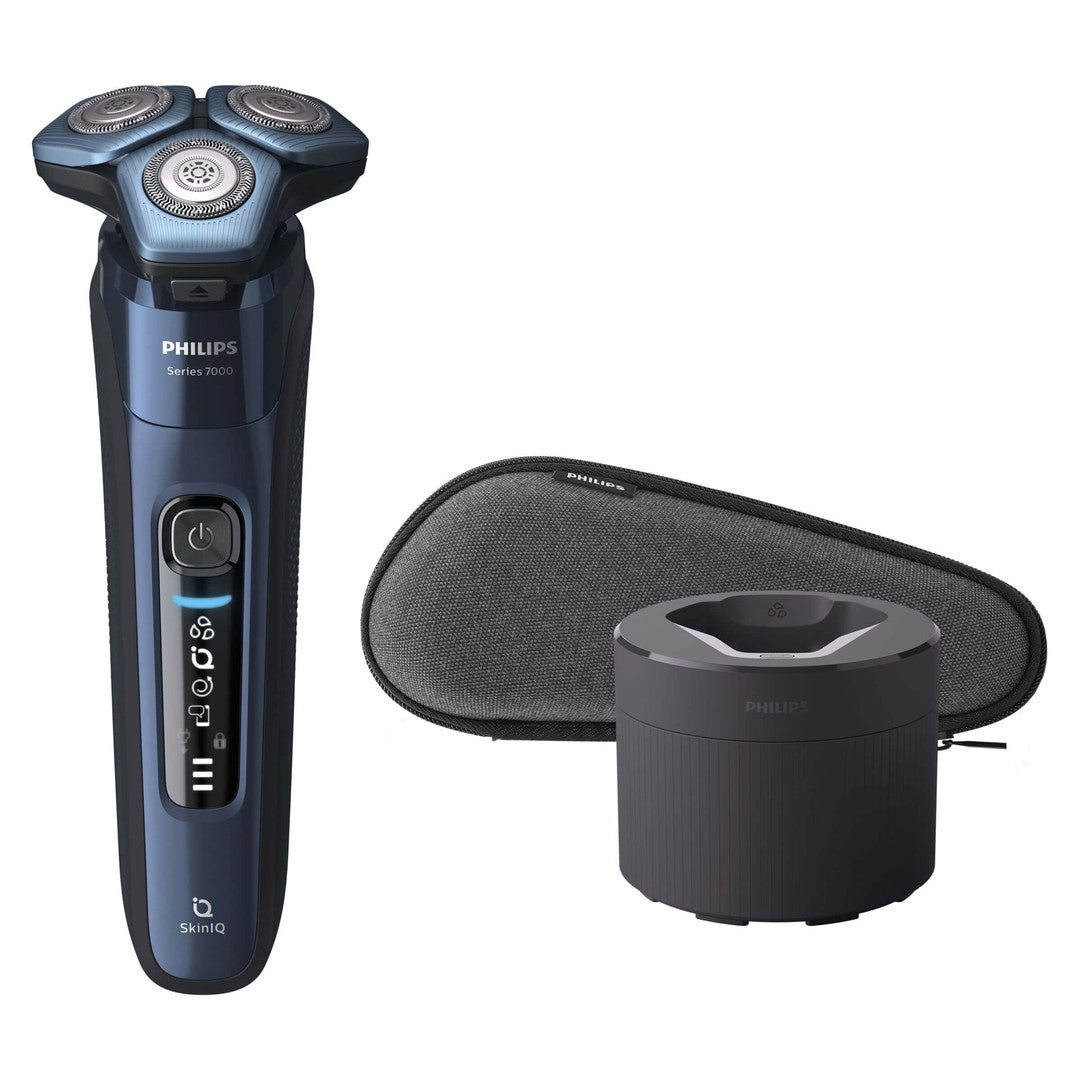 Philips S7782/50 elektrisk wet and dry shaver fra series 7000 med tre skærehoveder og LCD-display samt en opbevaringskasse og rengøringsstation i sort farve