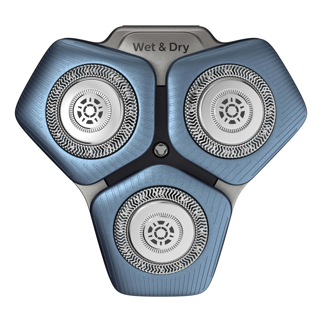 Udskiftningsskær til Philips shaver med tre cirkulære blade og en blå overflade designet til både våd og tør barbering