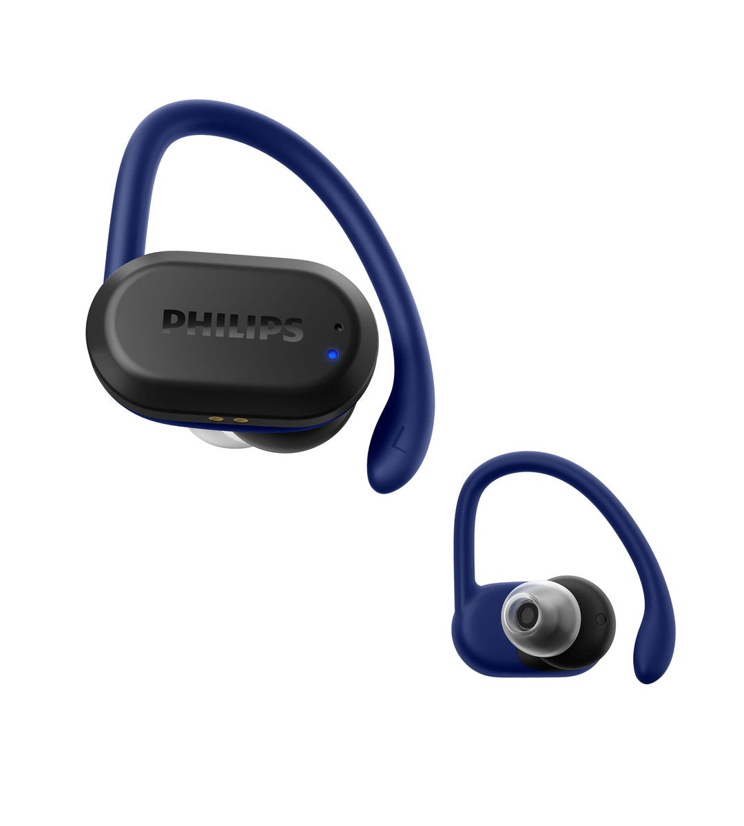 Philips TAA7306BK/00 trådløse sportshøretelefoner i sort og blå med ergonomisk design og komfortabel ørekrog til aktiv brug
