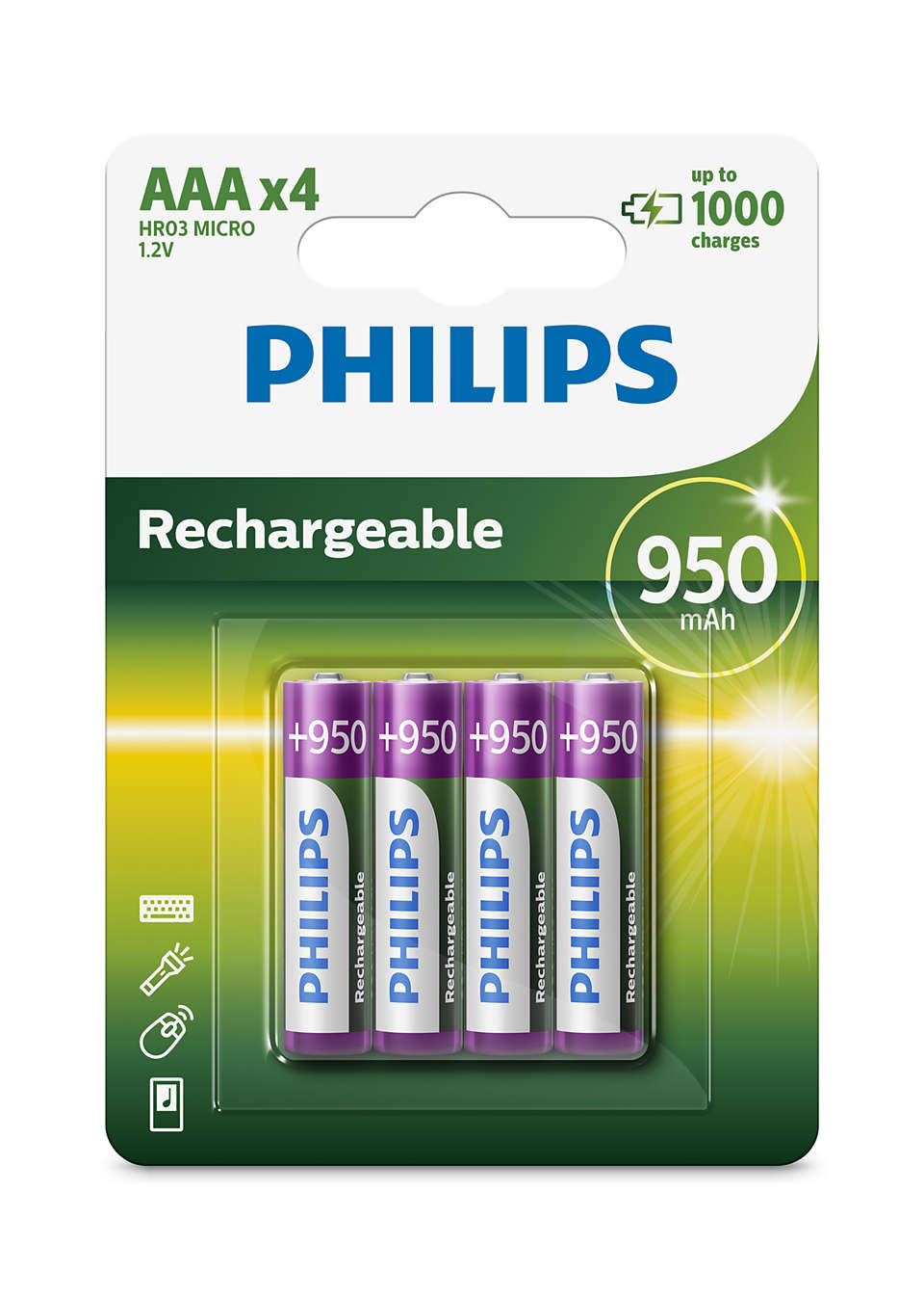 Batteripakke fra Philips med fire genopladelige AAA-batterier på 950 mAh, designet til op til 1000 opladninger, præsenteret i en grøn og hvid emballage.