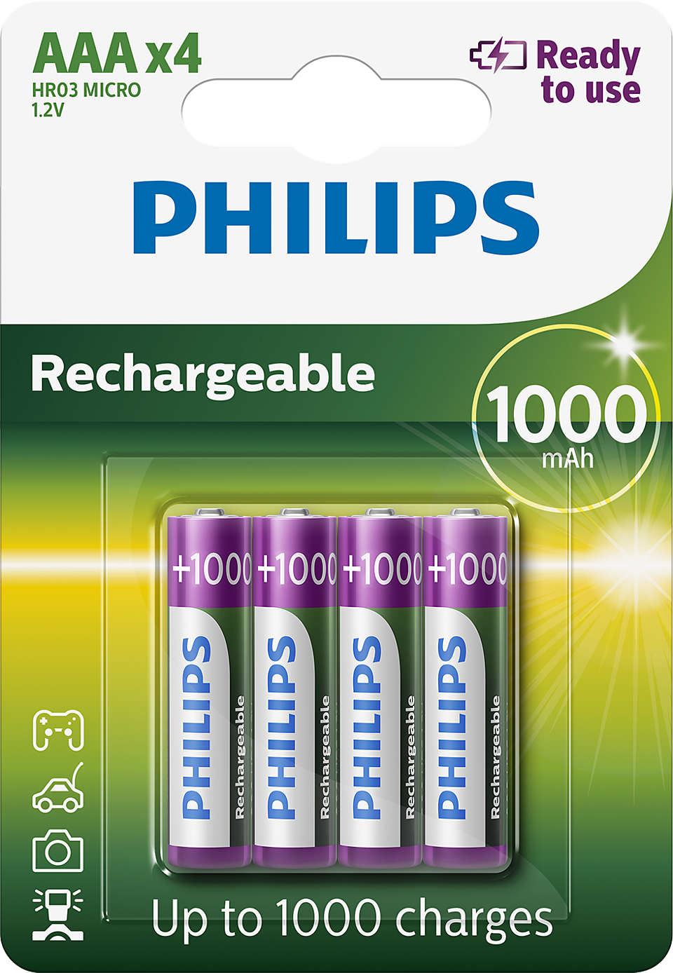 Philips genopladelige AAA batterier med kapacitet på 1000 mAh pakket i en blisterpakke med fire stk klare til brug med oplysninger om op til 1000 opladninger og symboler for anvendelse til forskellige elektroniske enheder