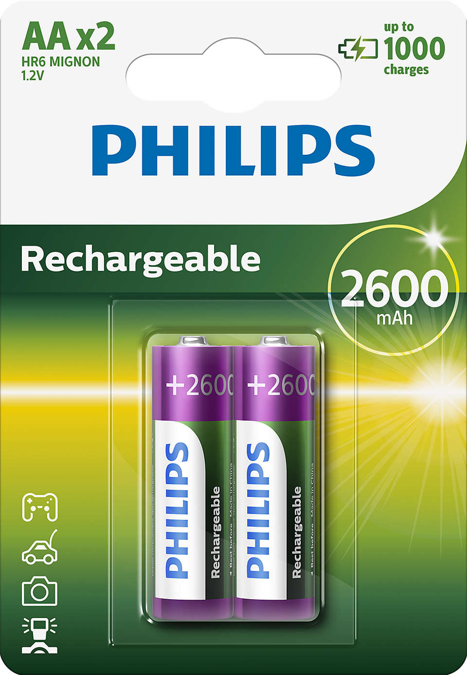 Philips R6B2A260/10 genopladelige batterier AA 2600 mAh i pakke med to stykker designet til langvarig brug med op til 1000 opladninger tydeligt mærket med plus 2600 og logoet Philips