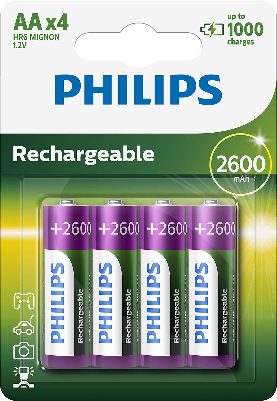 Philips genopladelige AA batterier 2600 mAh pakket i blærer med fire enheder klar til brug med op til 1000 opladninger