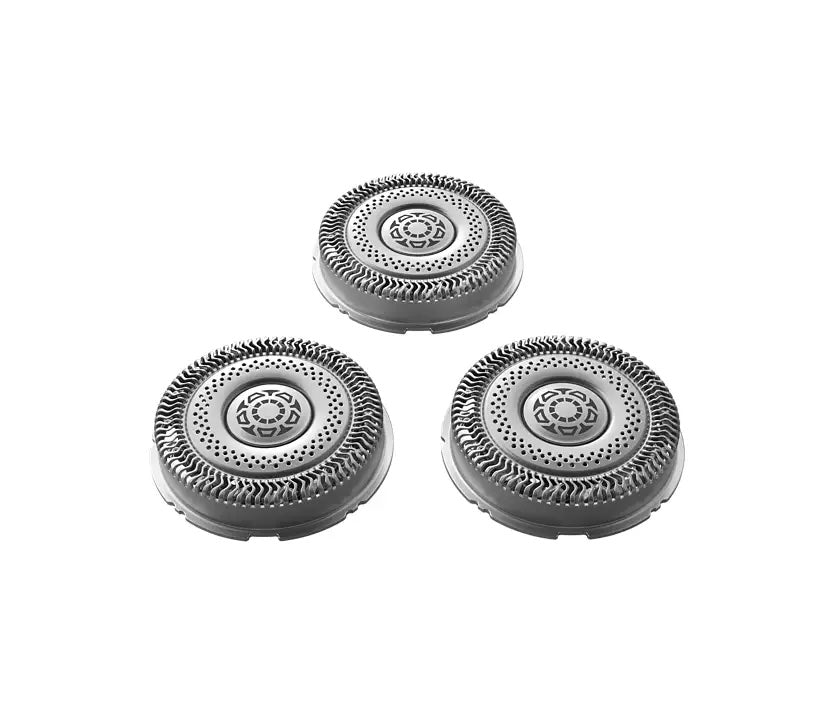 Udskiftningsskær til Philips shaver S9000 og SP900 præsenteret i en gruppe af tre, med en cirkulær form og detaljert struktur, der fremhæver skæreevnen og kvaliteten af produktet.