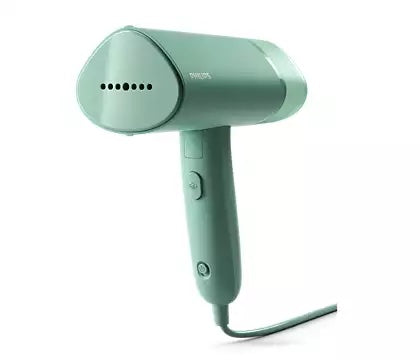 Håndholdt damper fra Philips med en grøn farve og ergonomisk design der gør det nemt at dampe tøj og tekstiler hurtigt og effektivt