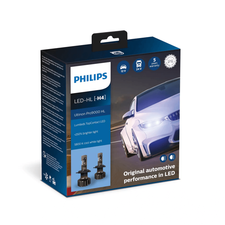 Philips Ultinon Pro9000 HL LED H4 emballage med illustration af bil og specifikationer for lysstyrke og farvetemperatur samt billeder af LED pærer
