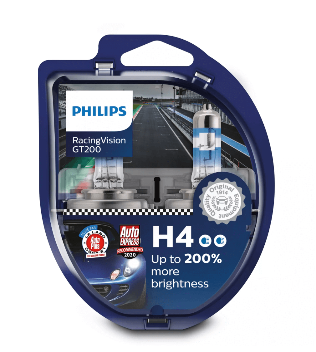 Philips RacingVision GT200 H4 lampepakke med op til 200 procent mere lysstyrke og anbefaling fra Auto Express 2020 pakket i en blå plastikboks med visuel grafik af racerbane og bil