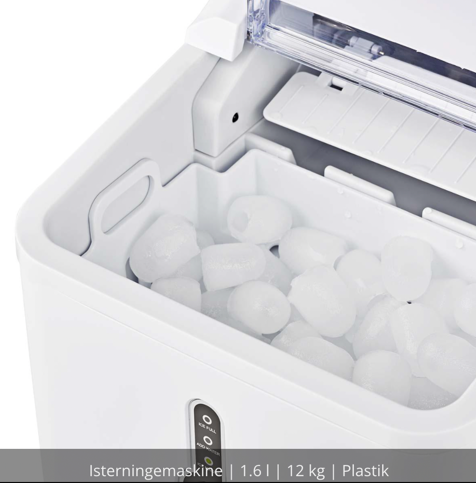 Nedis KAIC100FWT istedningsmaskine med en kapacitet på 1,6 liter i hvid plast med isterninger indeni og betjeningspanel synligt foran