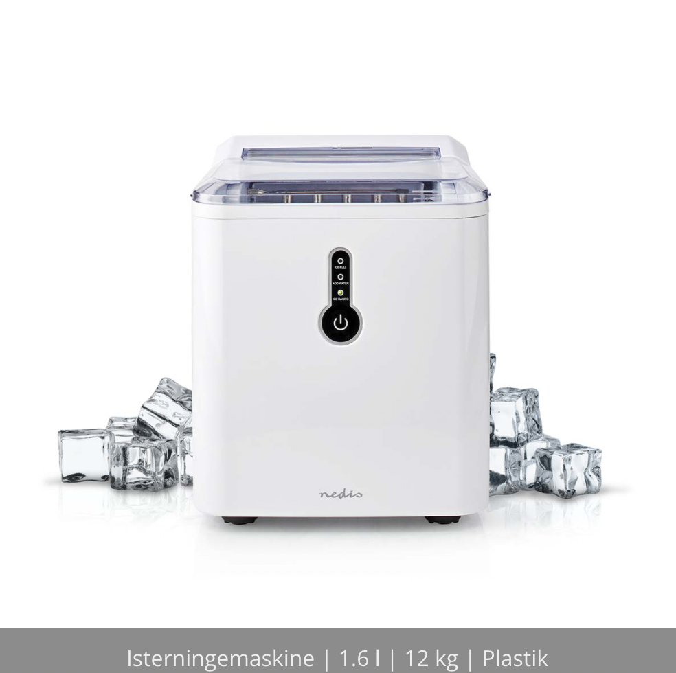 Isterningemaskine fra Nedis i hvid plastik med betjeningspanel foran og isterninger ved siden af