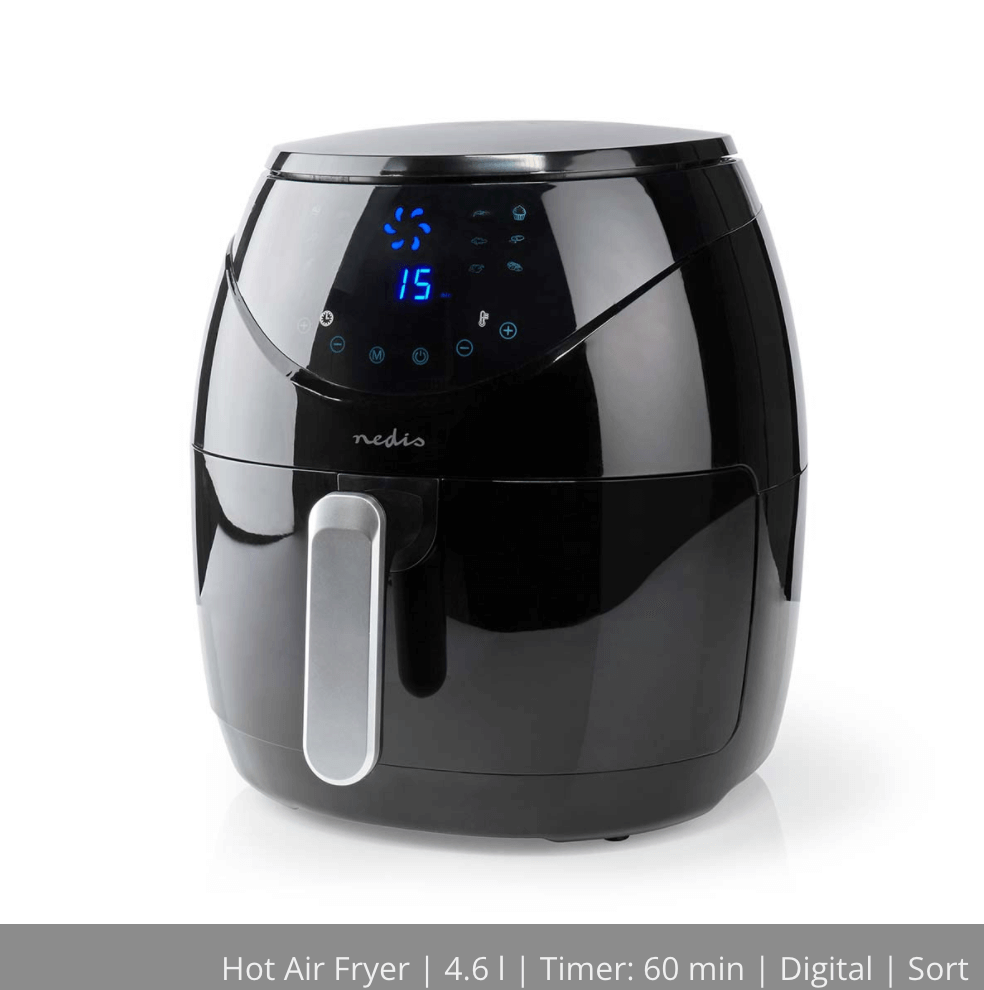 Nedis KAAF240EBK airfryer i sort med digitalt display viser temperaturen og tid som indstillinger den har en kapacitet på 4.6 liter og en 60 minutters timer ideel til sundere madlavning uden olie