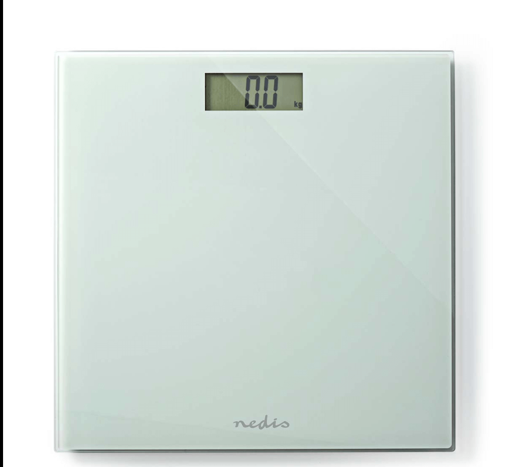 Personvægt fra Nedis med et minimalistisk design i hvidt glas og en digital skærm der viser vægten i kilogram
