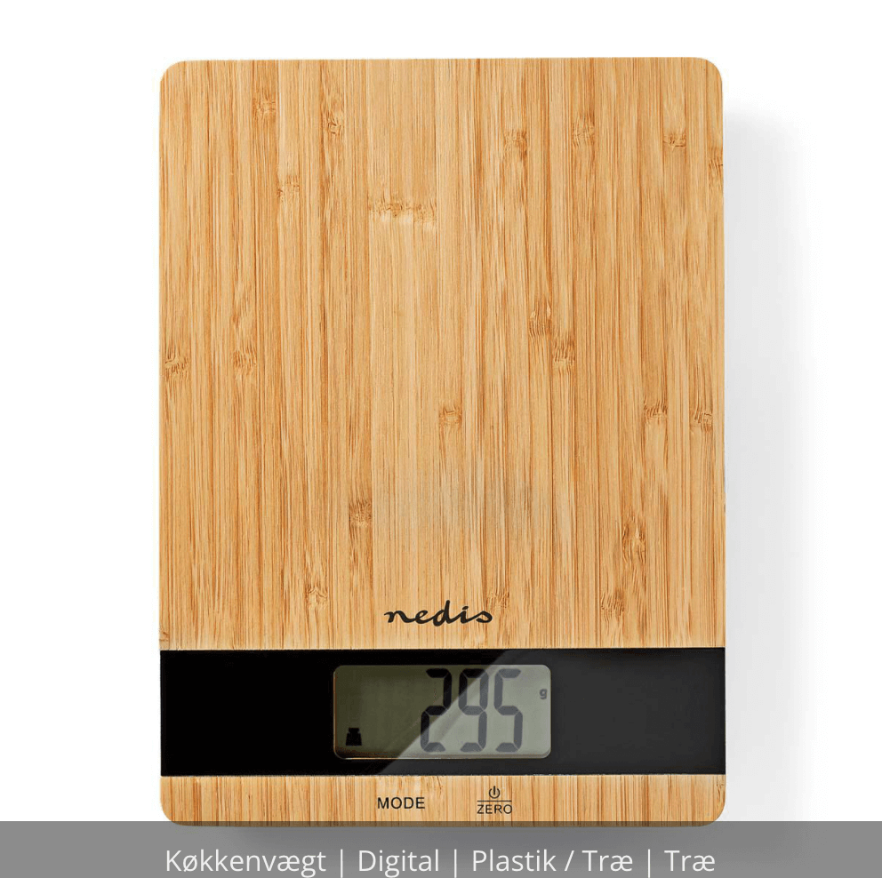 Digital køkkenvægt fra Nedis med en elegant træfinish og en synlig LCD-skærm der viser vægten i gram