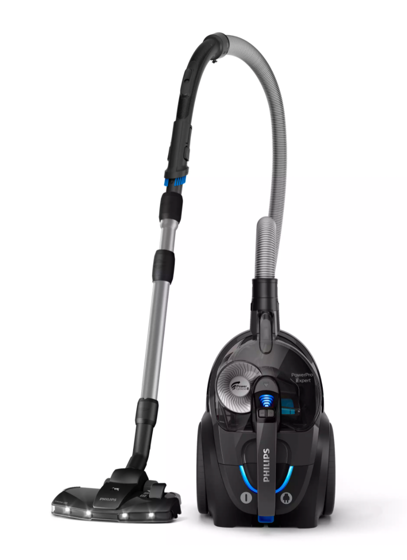 Støvsuger Philips FC9747/09 PowerPro Expert har et moderne design med en sort og grå farvekombination og detaljer i blå. Den har en fleksibel slange, teleskopskaft og en praktisk stødabsorberende bund, der gør den nem at manøvrere på forskellige overflader.