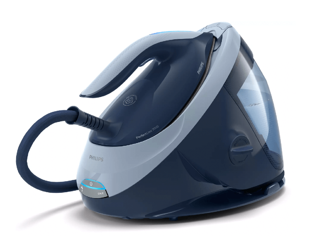 Philips Dampstation PSG7030/20 PerfectCare 7000 Series med ergonomisk håndtag i blå og grå farver samt synlig vandtank og betjeningsknapper på forsiden