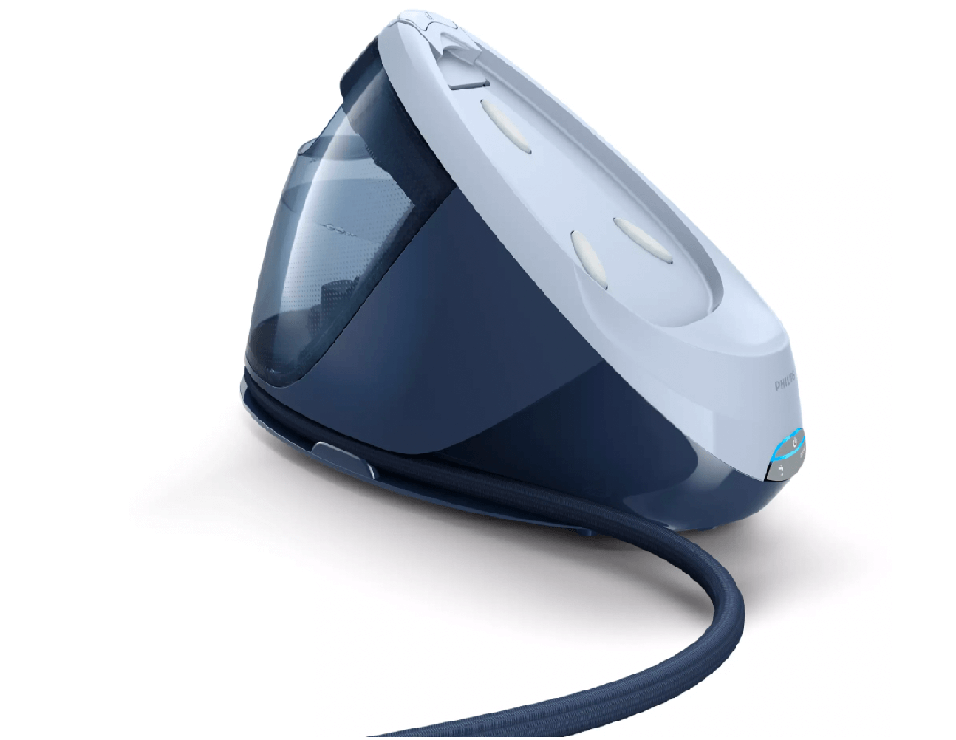 Philips Dampstation PSG7030/20 med en moderne blå og hvid designprofil der viser vandtank og dampledning som er designet til effektiv strygning