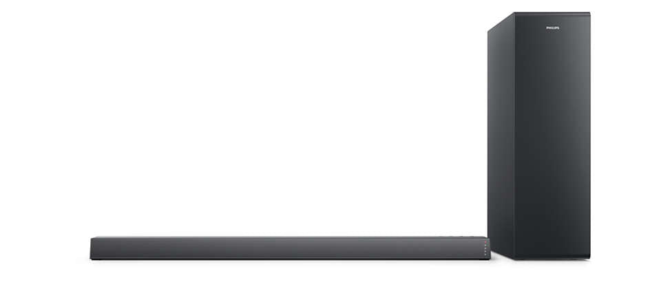 Philips TAB6305/10 soundbar med en lang slank form og en sort trådløs subwoofer der står ved siden af soundbaren i et moderne design