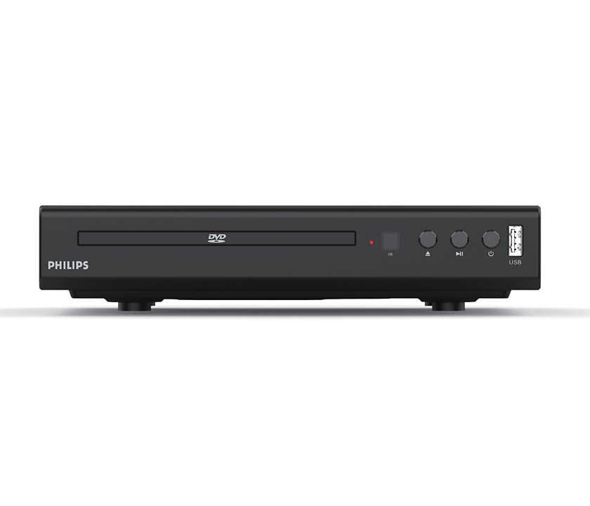 Philips TAEP200/12 DVD-afspiller set fra siden med DVD-skuffe og kontrolknapper synlige på fronten samt USB-port