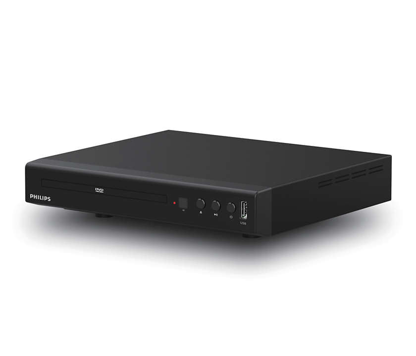 DVD-afspiller fra Philips model TAEP200/12 i sort design med en slank profil og knapper til betjening samt USB-porte til tilslutning af eksterne enheder