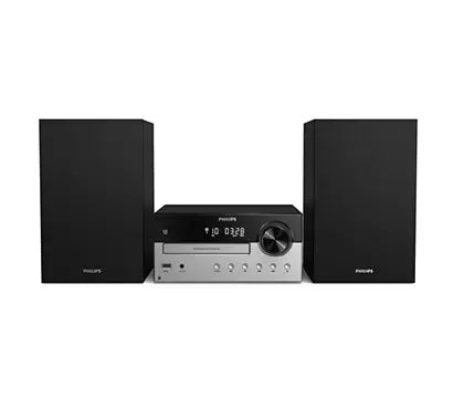 Philips TAM4205/12 minianlæg med Bluetooth to sorte højttalere og en central enhed med digitale kontroller og display