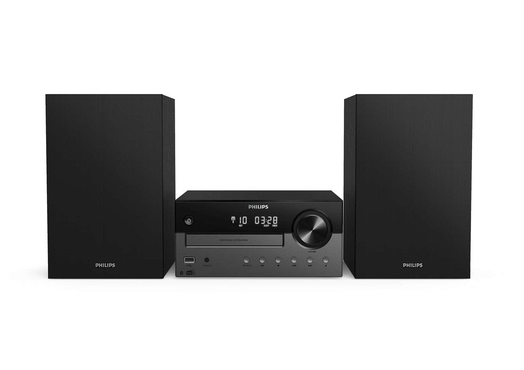 Mikromusiksystemet Philips TAM4505/12 i sort med to højttalere og en central enhed med kontrolknapper og digitalt display