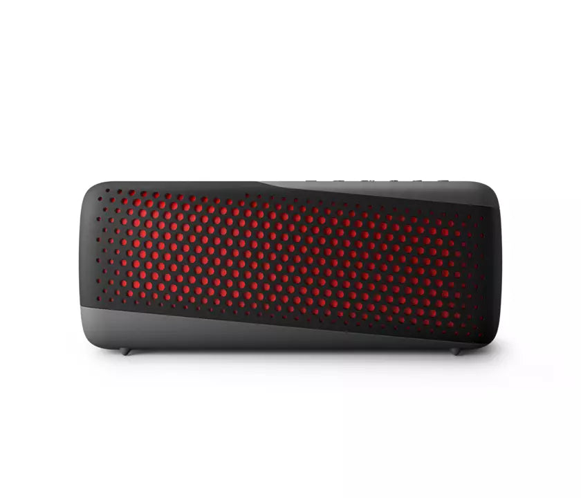Trådløs højttaler Philips TAS4807B/00 i sort med røde detaljer og perforeret design giver en moderne uitstraling og er ideel til udendørs brug takket være IP67 støv- og vandtæthed