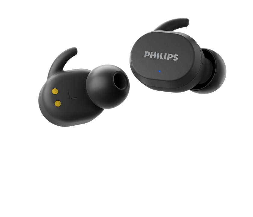 Ægte trådløse hovedtelefoner fra Philips i sort farve med ergonomisk design og synlige lydkontakter på venstre øretelefon